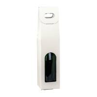 Spun Bianco wine bottle carrier 3.5x3.5x15, upright folding carrier with die-cut handle and arched bottle window, white embossed spun finish