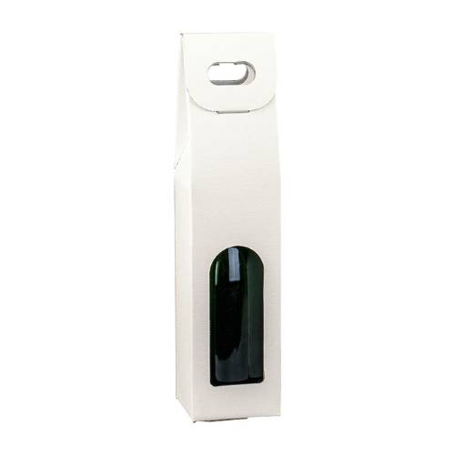 Spun Bianco wine bottle carrier 3.5x3.5x15, upright folding carrier with die-cut handle and arched bottle window, white embossed spun finish