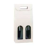 Spun Bianco wine bottle carrier 7x3.5x15, upright folding carrier with die-cut handle and 2 arched bottle windows, white embossed spun finish