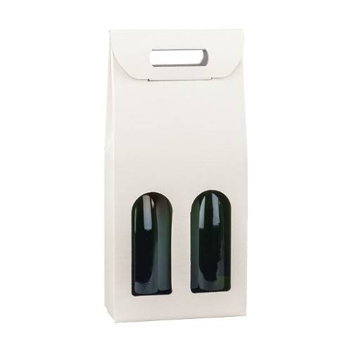 Spun Bianco wine bottle carrier 7x3.5x15, upright folding carrier with die-cut handle and 2 arched bottle windows, white embossed spun finish