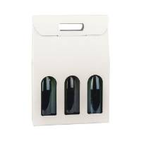 Spun Bianco wine bottle carrier 10.6x3.5x15, upright folding carrier with die-cut handle and 3 arched bottle windows, white embossed spun finish