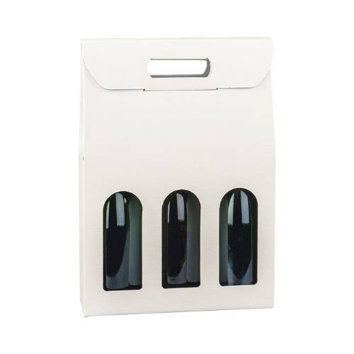 Spun Bianco wine bottle carrier 10.6x3.5x15, upright folding carrier with die-cut handle and 3 arched bottle windows, white embossed spun finish