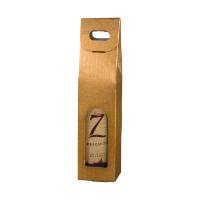 Spun Oro Wine Bottle Carrier 3.5x3.5x15 — upright folding carrier with die-cut handle and arched bottle window, matte gold spun-metallic finish