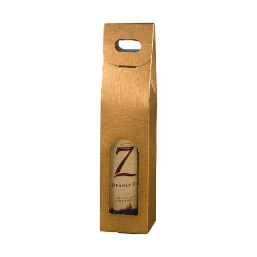 Spun Oro Wine Bottle Carrier 3.5x3.5x15 — upright folding carrier with die-cut handle and arched bottle window, matte gold spun-metallic finish