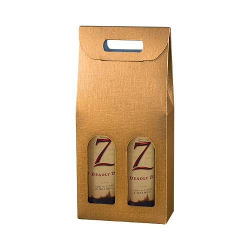 Spun Oro Wine Bottle Carrier 7x3.5x15 — upright folding carrier with die-cut handle and arched bottle window, matte gold spun-metallic finish