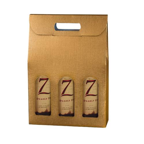 Spun Oro Wine Bottle Carrier 10.6x3.5x15 — upright folding carrier with die-cut handle and arched bottle window, matte gold spun-metallic finish