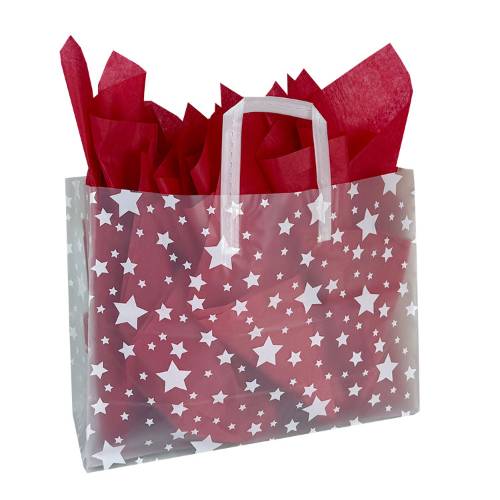 White star print on a frosted clear poly shopping bag with flat loop handles — 16 x 6 x 12