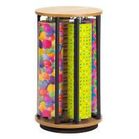 Suzy Rack vertical display stand — rotating gift wrap roll rack with laminated wood top and metal rod frame, holds 5 rolls, Made in USA