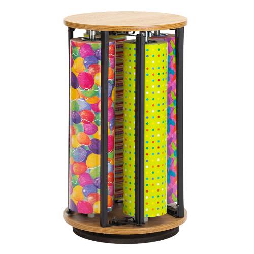 Suzy Rack vertical display stand — rotating gift wrap roll rack with laminated wood top and metal rod frame, holds 5 rolls, Made in USA