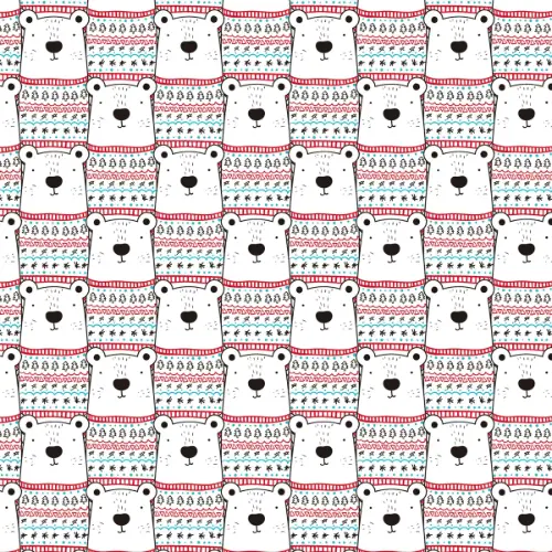 Sweater Bears Gift Wrap Paper with line art polar bears in red and blue fair isle sweaters