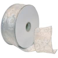 Sheer white organza wired ribbon with silver glitter swirls and silver glitter wired edges, shown on a wide roll with a draped tail