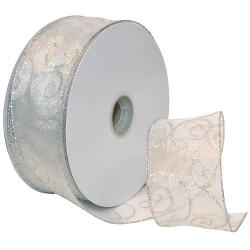Sheer white organza wired ribbon with silver glitter swirls and silver glitter wired edges, shown on a wide roll with a draped tail