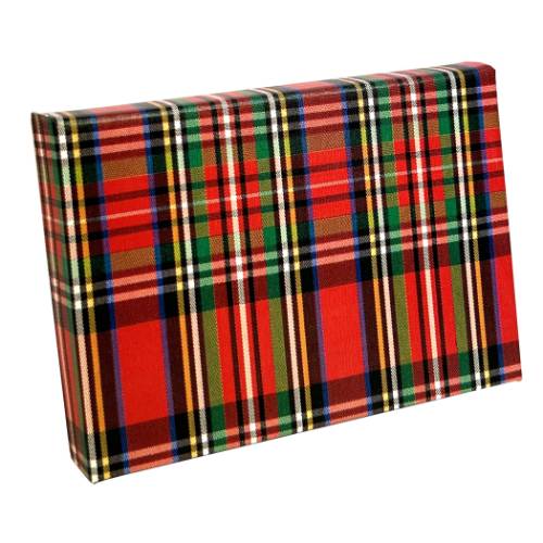 Tartan gift card box shown closed — classic red plaid woven with green, black, yellow and white lines in a fabric-look finish