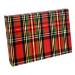 Tartan gift card box shown closed — classic red plaid woven with green, black, yellow and white lines in a fabric-look finish
