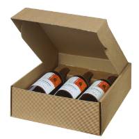 Tawny wine bottle box 11x3.5x13.4, hinged-lid gift box with full-length insert dividers holding 3 bottles, tawny textured rib finish
