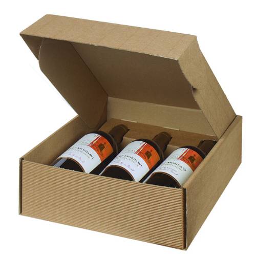Tawny wine bottle box 11x3.5x13.4, hinged-lid gift box with full-length insert dividers holding 3 bottles, tawny textured rib finish