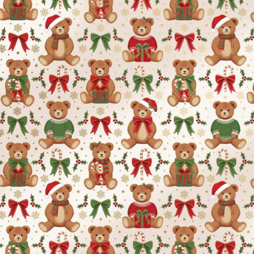 Teddy Bears Gift Wrap Paper - charming teddy bears holding gifts and candy canes on a green background