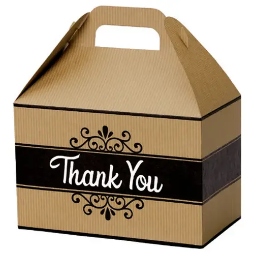 Thank You Kraft Stripes large gable box — natural kraft with a printed Thank You and tonal stripes, die-cut top carry handle