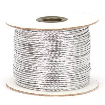Silver tinsel cord in a coiled loop — thin metallic twist cord for gift wrap and décor