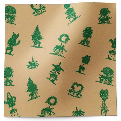 Topiary Printed Tissue Paper — Green topiary tree illustrations and holiday garden motifs on kraft background