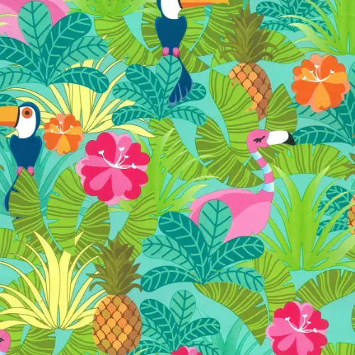 Toucan Gift Wrap Paper with toucans, flamingo, pineapples, and hibiscus in a turquoise jungle