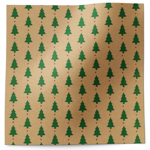 Trees on Kraft Printed Tissue Paper — Rows of small green evergreen trees in a repeating pattern on natural kraft background
