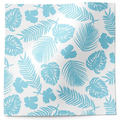 Tropical Mist Printed Tissue Paper — Delicate tropical leaf and floral motifs in soft teal and blue on white