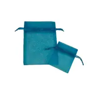 Turquoise organza bag 3x4 - sheer drawstring pouch in a bright teal-blue weave, shown upright with a second bag laid in front