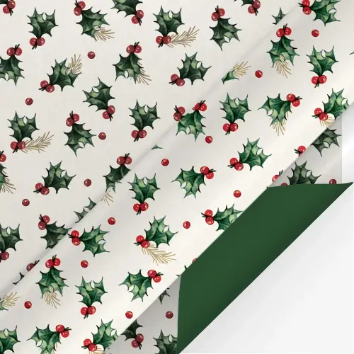 Vintage holly, red berries, and gold pine on cream gift wrap. Reverses to solid metallic green. 24 in. half ream roll.