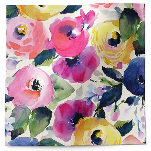 Watercolor Flowers Printed Tissue Paper — Bold watercolor flowers in pink, yellow, and purple with green leaves on white