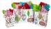 White paper shopping bags with colorful ornament and grid print, twisted handles with red ribbon bow
