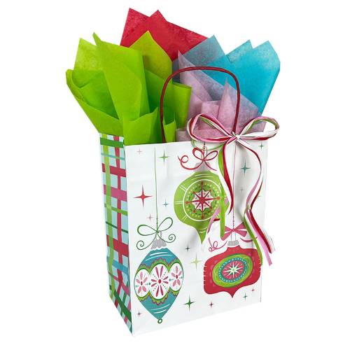 White paper shopping bags with colorful ornament and grid print, twisted handles with red ribbon bow