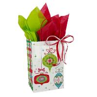 White paper shopping bags with colorful ornament and grid print, twisted handles with red ribbon bow