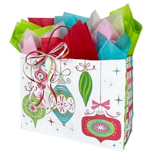 White paper shopping bags with colorful ornament and grid print, twisted handles with red ribbon bow