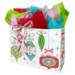 White paper shopping bags with colorful ornament and grid print, twisted handles with red ribbon bow