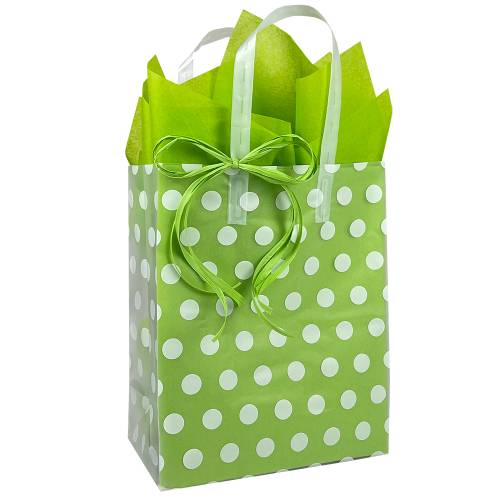 Clear frosted plastic shopping bag printed with white polka dots, soft-loop plastic handles