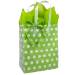 Clear frosted plastic shopping bag printed with white polka dots, soft-loop plastic handles