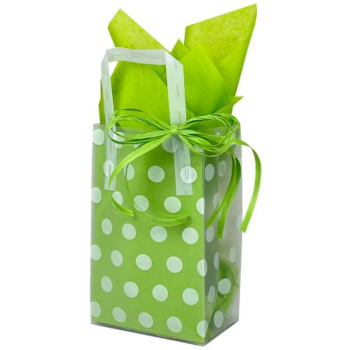 Clear frosted plastic shopping bag printed with white polka dots, soft-loop plastic handles