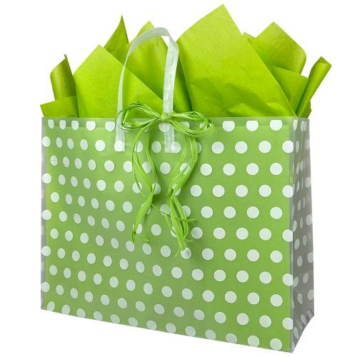 Clear frosted plastic shopping bag printed with white polka dots, soft-loop plastic handles