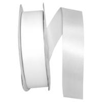White - Dyna Satin ribbon on a flat spool — single-face satin with taffeta back, 1 3/8" width, 100 yards