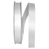 White Dyna Satin ribbon on a flat spool — single-face satin with taffeta back, 7/8" width, 100 yards