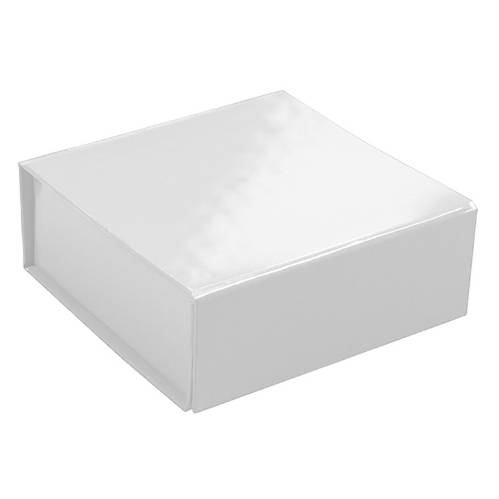 White gloss magnetic box — small square rigid gift box shown closed, bright high-gloss white laminate with magnetic flap front