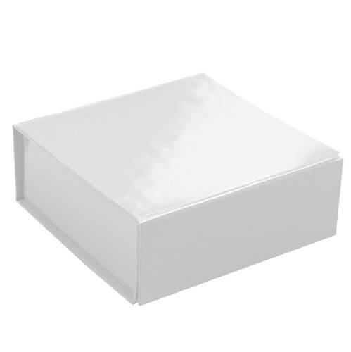 Square white magnetic gift box shown closed — rigid collapsible box in shiny white gloss laminate with front snap-flap seam