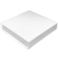 Shallow white magnetic box — wide low-profile square rigid box shown closed, smooth white gloss finish with slim magnetic flap lid