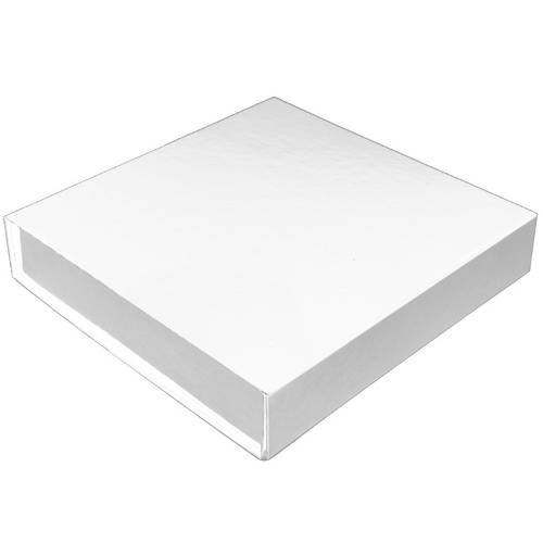 Shallow white magnetic box — wide low-profile square rigid box shown closed, smooth white gloss finish with slim magnetic flap lid