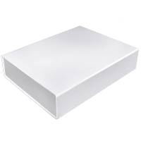 Shallow white magnetic gift box — wide rectangular rigid box shown closed, smooth glossy white laminate with front flap closure