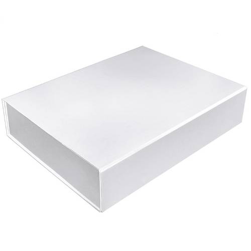 Shallow white magnetic gift box — wide rectangular rigid box shown closed, smooth glossy white laminate with front flap closure