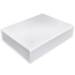 Shallow white magnetic gift box — wide rectangular rigid box shown closed, smooth glossy white laminate with front flap closure