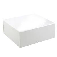 White gloss square magnetic box shown closed — rigid fold-flat gift box with reflective white laminate lid and hidden magnets