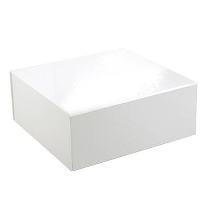 White gloss square magnetic box shown closed — rigid fold-flat gift box with reflective white laminate lid and hidden magnets